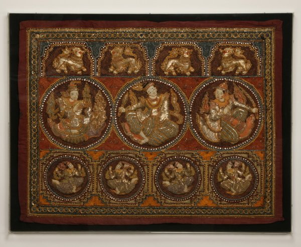 Early 20th c. embroidered Thai tapestry, 41"h: Early 20th century embroidered Thai tapestry in plexiglass frame, 41"h x 53"w.