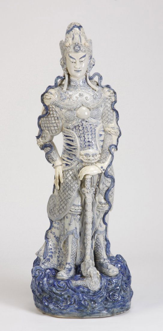 48"h Chinese warrior sculpture: Oversized 20th century earthenware figural sculpture depicting a Chinese warrior, 48"h x 27"w.