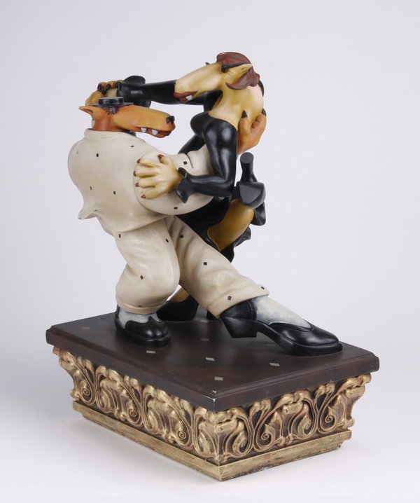 Markus Pierson signed sculpture: Late 20th century acrylic paint on resin sculpture of two coyotes dancing, artist signed and numbered Markus Pierson (American, b.1961), #34/75, the figures dressed in modern attire, on a base with ta