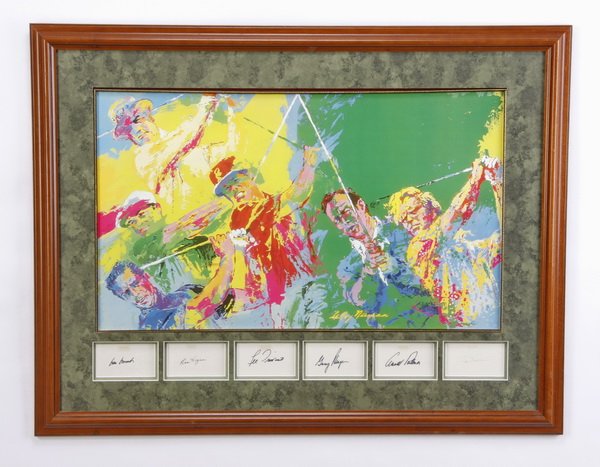 (6) Pro goflers autographs, PGA Legends print: Framed and matted PGA Legends print by LeRoy Neiman with six autograph cards signed by golfing greats Sam Sneed, Ben Hogan, Lee Travino, Gary Player, Arnold Palmer, and Jack Nicklaus, includes Certifi