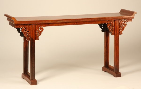 Early 20th c. Chinese altar table, 67"l: Early 20th century Chinese altar table, the top supported by pierce carved brackets, 32"h x 67"l x 15"d.