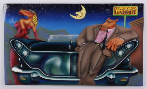 (2) Limited edition works by Markus Pierson: Late 20th century bas relief wall sculpture of polychrome painted resin, titled "Golden Halibut", artist signed Markus Pierson, 23"h x 28.5"w x 2.25"d; together with a limited edition print titled "De