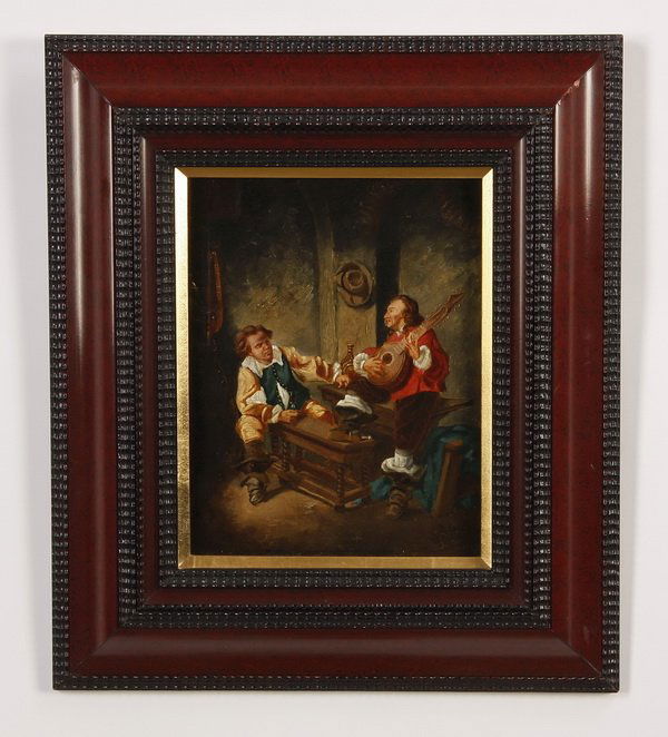 Maurits Leon signed, oil on board: 19th century Dutch oil on board depicting a genre scene with a mandolin player, signed lower right M. (Maurits) Leon (Dutch, 1838-1865) 10.5"h x 8.5"w, overall size including frame 17.5"h x 15.5"w x 1