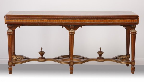 Early 20th c. mahogany console / dining table: Early 20th century American parquetry inlaid mahogany console that converts to a dining table, attributed to the Berkey & Gay Furniture Company, closed console size 29"h x 65"l x 23"w; open dining tab