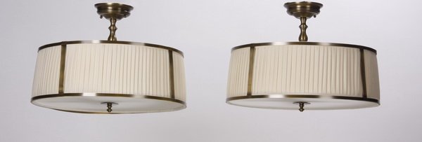 (2) Ceiling mounted lights: Pair of late 20th century ceiling light fixtures, the white shade surrounded by a metal frame with inset frosted glass diffuser, each 7"h x 12.5"w.