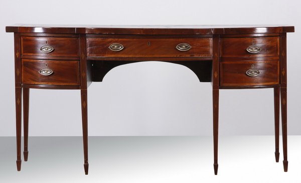 19th c. Federal mahogany bow front buffet: 19th century Federal style inlaid mahogany bow front buffet, the central drawer flanked by two drawers on the left and one deep drawer on the right disguised as double drawers, all raised on inlaid sq