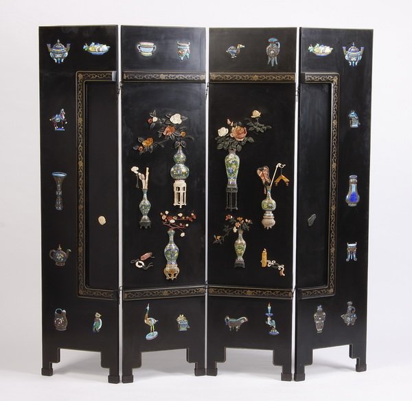 Chinese 4-panel lacquer, hardstone screen: 20th century Chinese export 4-panel coromandel style black lacquer screen decorated with fully formed carved hardstone floral arrangements, cloisonne' vases, and hand painted enamel dishes and figural