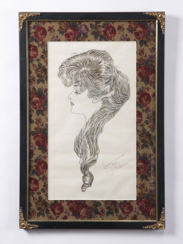 Charles Gibson signed pen & ink drawing: Early 20th century framed and matted pen and ink portrait of Evelyn Nesbit, popular chorus girl and artist's model of the period, inscribed and signed C. D. (Charles Dana) Gibson (American, 1867-1944)