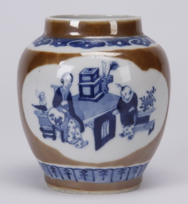 Late 19th c. Chinese export vase: Late 19th or early 20th century Chinese export earthenware vase, with blue and white figural scenes within cartouches, against a brown ground, maker marked on the base, 5"h x 5" diameter overall.