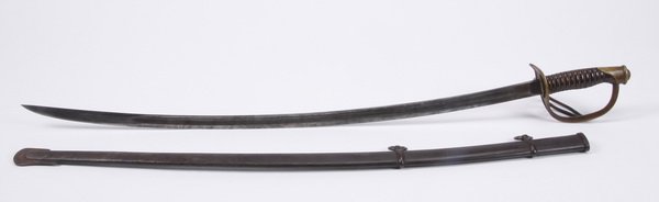 U.S. Civil War era saber with scabbard: Mid 19th century American saber with scabbard, Civil War era, the brass hilt with a leather grip, wrapped in iron wire, maker marked "Ames Manufacturing, Chicopee, Mass US GKC", overall length 42".