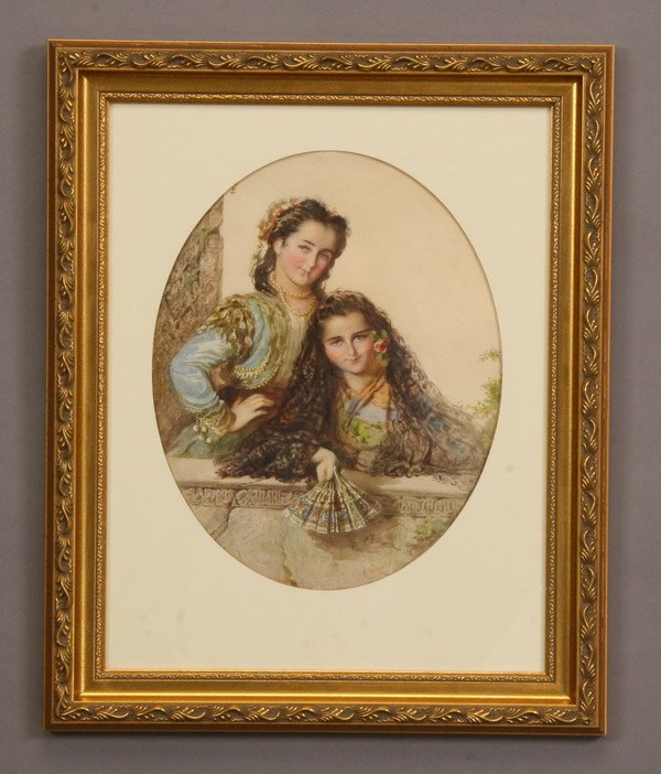 19th c. watercolor, signed Murray: "Two Madrilenas", 19th century watercolor depicting a pair of young girls in native Spanish attire, signed l.r. E. H.(Elizabeth Heaphy) Murray, (American, 1815-1882), 15"h x 12"w. Overall size includi