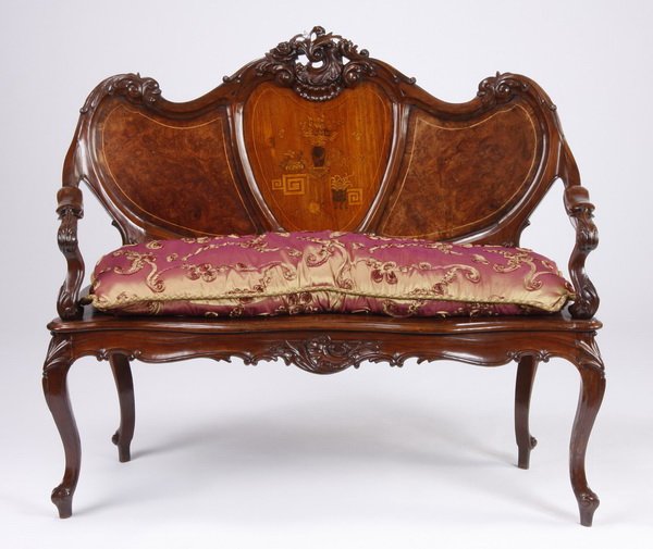 19th c. Japanese carved rosewood settee: Late 19th century Japanese carved rosewood settee, the backrest with a pierce carved crest over a larger central cartouche with inlaid Japanese floriate and geometric designs, all flanked by inset bur