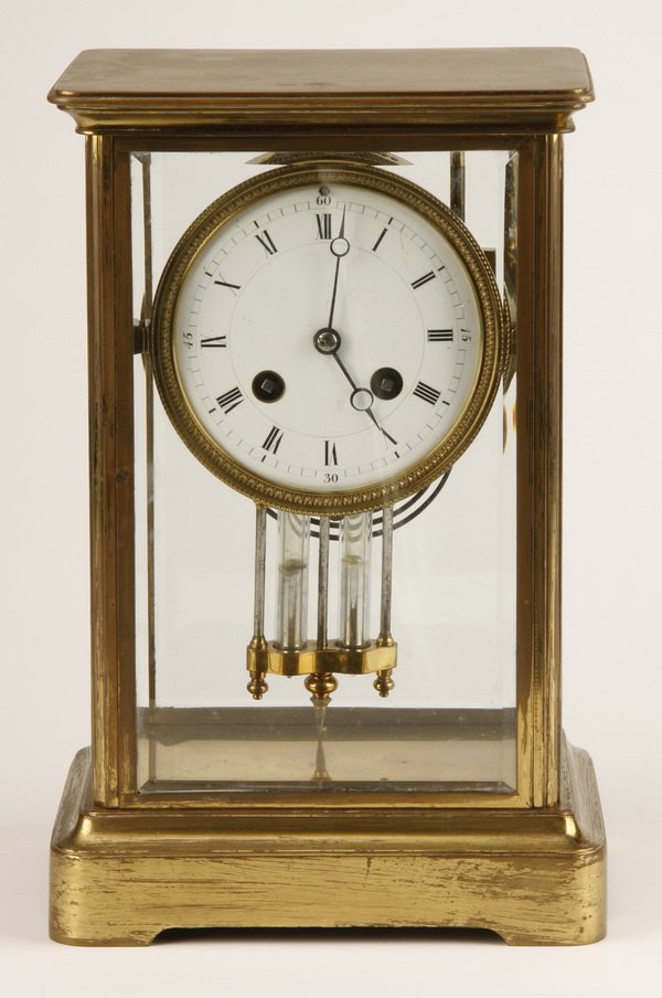 19th c. French crystal regulator clock: 19th century French gilt bronze crystal regulator clock with original mercury filled pendulum, 10.5"h x 6.75"w x 5.25"d.