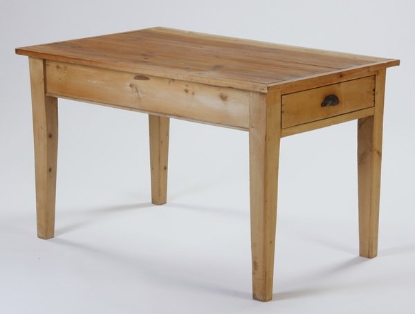 Rustic pine table: Rustic pine table, the rectangular cornice top surmounting a side drawer, all raised on block legs, 28.5"h x 45.6"; x 30"w.