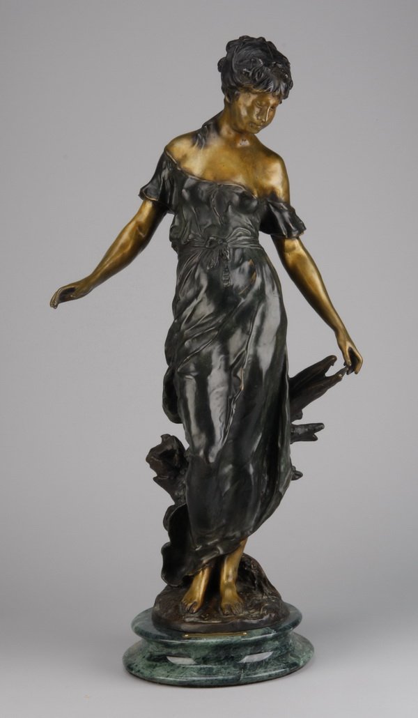 20th c. bronze sculpture, after Moreau: 20th c. American bronze figural sculpture on marble base, titled "Field of Dreams," after the original by Auguste Moreau, 28.5"h x 9" diameter base.