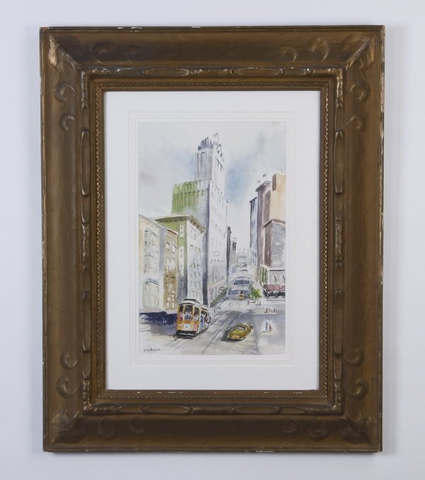 Guy Wiggins signed watercolor: Early to mid 20th century watercolor depicting a San Francisco street scene, signed Guy (Carleton) Wiggins (American, 1883-1962), 17"h x 11"w, overall size including frame, 31"h x 24.5"w x 2"d.