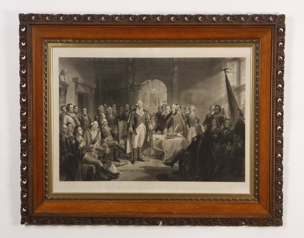 Lithograph after Alexander Hay Ritchie: Framed lithograph titled "Washington and his Generals", after the 1870 engraving by Alexander Hay Ritchie (Scottish/American, 1822-1895), depicting George Washington meeting with other Revolutionary W