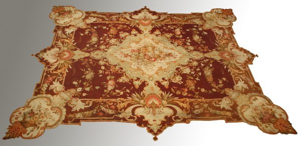 Wool Aubusson rug w/ scalloped edges, 18' l: Rare palace size late 19th or early 20th century handwoven wool Aubusson carpet, with unique scalloped edges, 18' 4" long x 15' 9" wide.