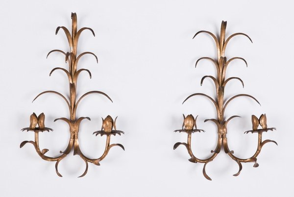 Pair of French tole wall sconces: Pair of French gold gilt 2-candle tole wall sconces, 14"h x 9.5"w.