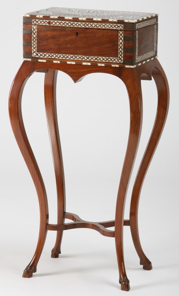 Ivory inlaid jewelry casket on stand: Early 20th century ivory inlaid Anglo-Indian jewelry casket on stand, 37"h x 18"l x 14"d.