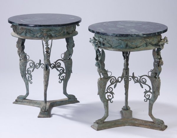 (2) Marble top patinated bronze tables: Pair of 20th century Grand Tour style Italian patinated bronze gueridons, the Athenienne after the "Isis tripod" original found in Pompeii, with a circular green marble top over the apron adorned with
