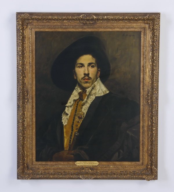 Ferdinand Roybet signed portrait: Late 19th century oil on board depicting a seated French gentleman, titled "Le Jeune Musketeer", signed upper right Ferdinand Roybet (French, 1840-1920), 32"h x 26"w, overall size including frame 40.5