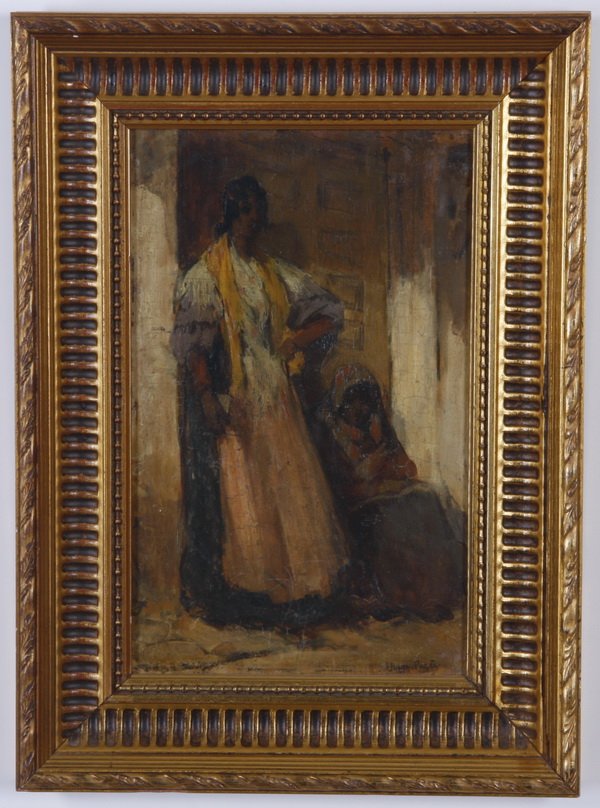 Jules Pages signed oil on panel: Late 19th or early 20th century oil on panel, illegibly titled lower left "Gitanes á --aouq", artist signed lower right Jules (Eugène) Pages (American / French, 1867-1946), en verso with a depiction