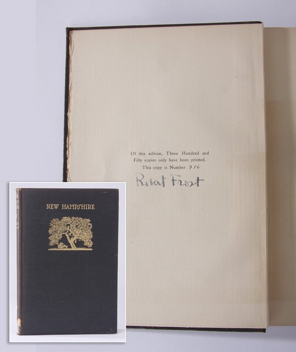 Robert Frost signed first edition book: Signed 1923 first edition book titled "New Hampshire: A Poem with Notes and Grace Notes", by Robert Frost (1874-1963), limited edition #316/350, the hand-made paper pages with a black cloth cover embo