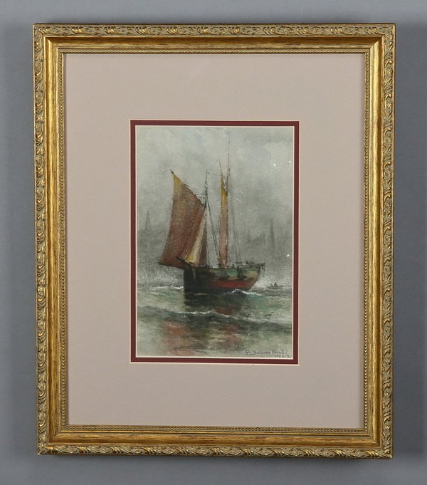 (2) 20th c. framed seascape watercolors: Pair of 20th century framed and matted seascape watercolors, includes (1) of a ship weathering a storm, in the style of E. (Edmund) Aubrey Hunt, 9.5"h x 6.5"w, overall size including frame 17.5"h x 14