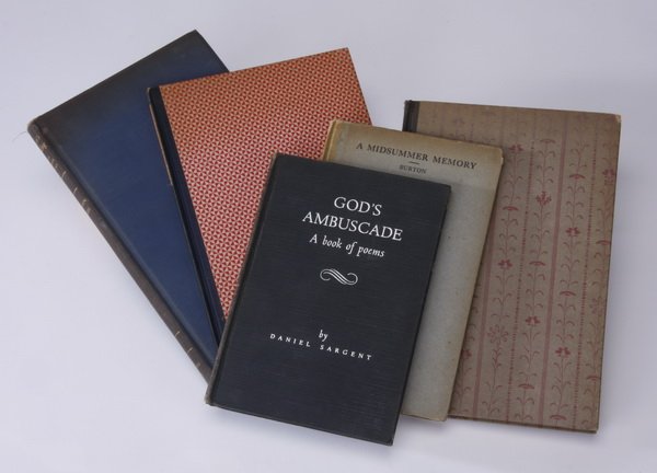 (5) Early 20th c. signed books of poetry: Grouping of five early to mid 20th century signed books of poetry, includes (1) 1935 book titled "God's Ambuscade: A Book of Poems", by Daniel Sargent (1890-1987), inscribed "My best wishes to David E