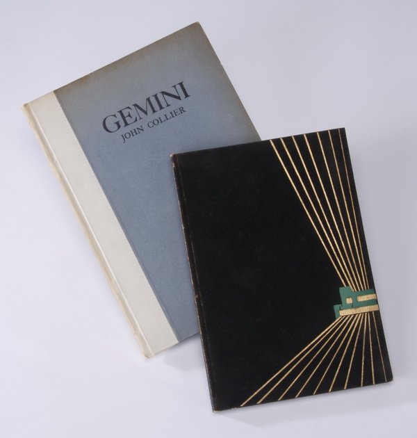 (2) John Collier signed limited edition books: Pair of John Collier signed limited edition books, includes (1) 1931 first edition book titled "Gemini: Poems", #147/185, the hand-made paper pages with a blue cover and ivory spine, 10"h x 7.5"w, and