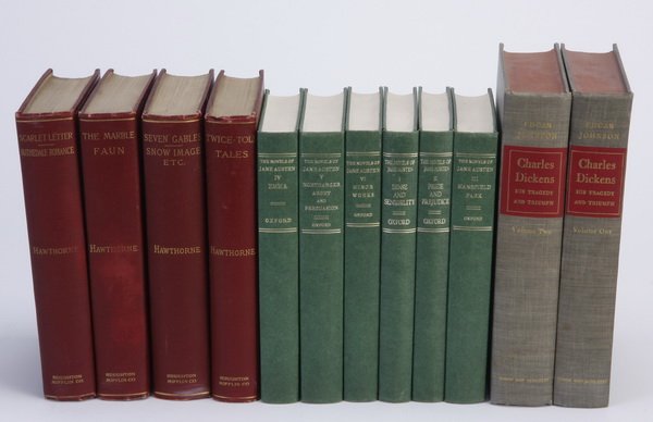(12) Volumes by Austen and Hawthorne: Group of twelve mid 20th century cloth bound volumes includes: (6) by Jane Austen, (4) by Nathaniel Hawthorne, and a complete (2) volume biography of Charles Dickens by Edgar Johnson.