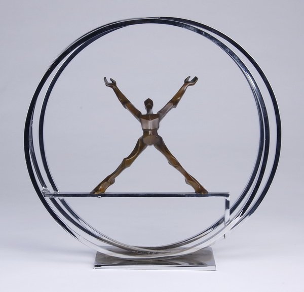 Contemporary figural sculpture: Contemporary silver and patinated metal figural sculpture, depicting a central Cubist inspired figure encircled with overlapping rings, artist signed illegibly, 14.5"h x 15"w x 4"d.