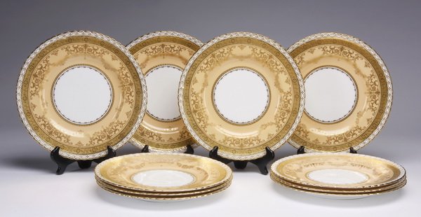 (10) Minton porcelain plates, marked: Set of ten early 20th century Minton porcelain plates, with gilt decoration on a yellow and cream ground, maker marked, each 10.5" diameter.
