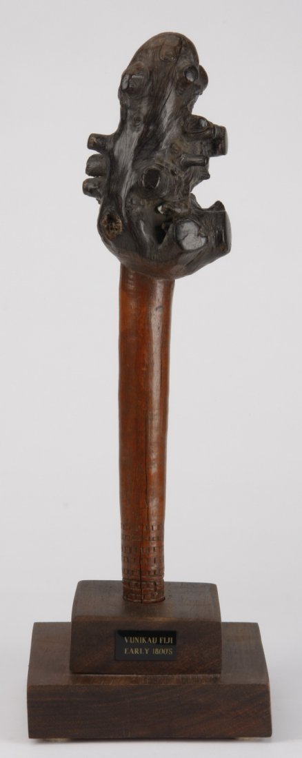 Early 19th c. Fiji Island throwing club: Early 19th century Fiji Island throwing club or "vunikau", the most personal weapon of a warrior, often suspended from the waistband, of carved wood with a rootstock head, and a later incised hand-gri