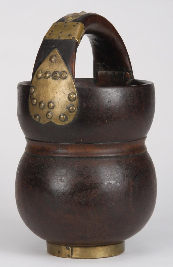 Tibetan waterbucket, Nepal: Tibetan waterbucket or "kamandal" with brass accents, Nepal, hand crafted from local wood by holy men or "saddhus", for practical use and purification rituals, 12"h x 6.5"w.