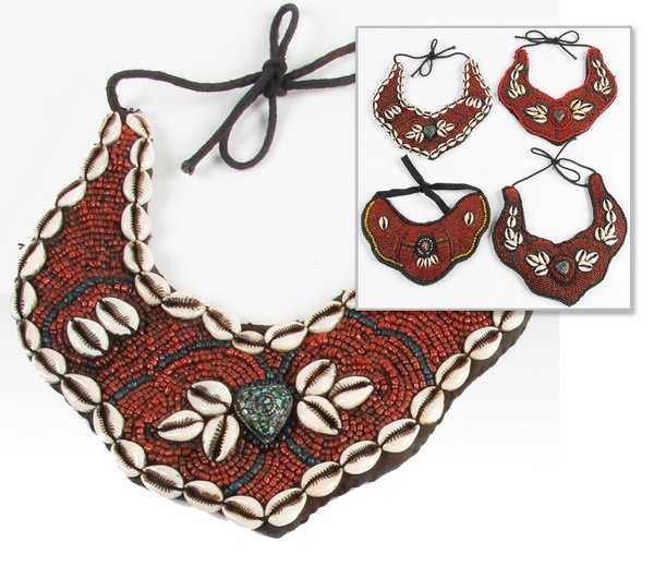 (4) Nepalese beaded neck bands: Group of four Nepalese beaded neck bands, made by local women during the rainy season, comprised of colored beads, shells, and semi-precious stones on a cloth backing, the largest 9.5" x 9"w.