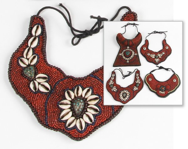 (4) Nepalese beaded neck bands: Group of four Nepalese beaded neck bands, made by local women during the rainy season, comprised of colored beads, shells, and semi-precious stones on a cloth backing, the largest 11"l x 7.5"w.