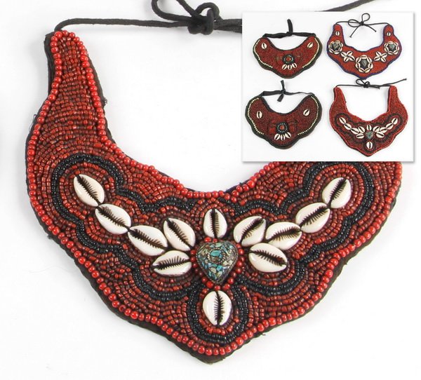 (4) Nepalese beaded neck bands: Group of four Nepalese beaded neck bands, made by local women during the rainy season, comprised of colored beads, shells, and semi-precious stones on a cloth backing, the largest 9.5" x 9"w.