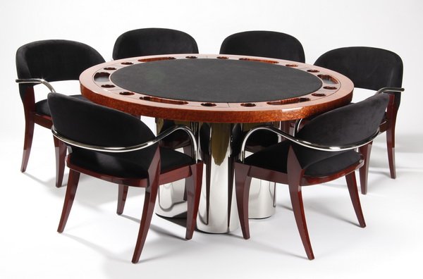 Brueton game table with chairs: Contemporary laquered burl wood and stainless steel circular "Brueton Springfield Gardens No. 4" poker table inset with poker chip and drink holders, the playing surface upholstered in black felt, rai