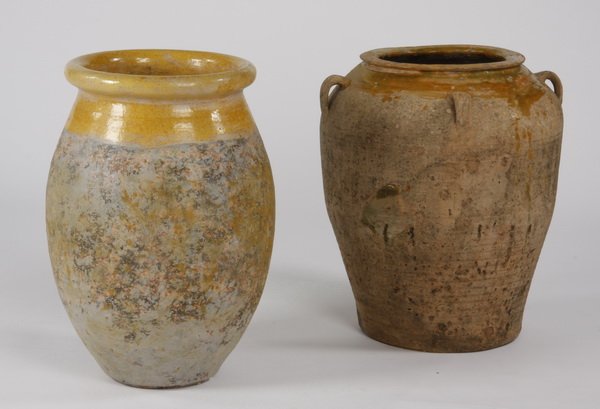 (2) French earthenware garden pots: Two French earthenware garden pots: (1) 28"h x 16" diameter and (1) 27"h x 23" diameter.