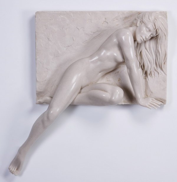 Bill Mack signed wall sculpture: Late 20th century bonded sand relief wall sculpture, titled "Winsome", artist signed upper left in mould Bill Mack (American, b. 1949), 36.5"h x 29"w x 8"d.