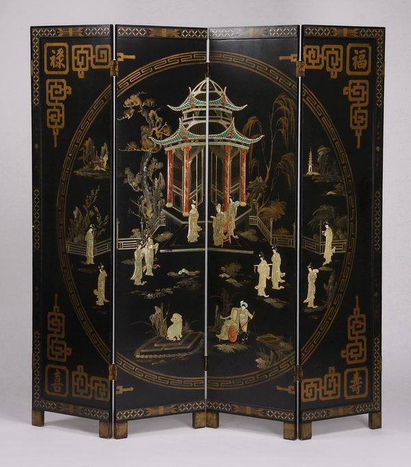 Chinese inspired double sided 4-panel screen: 20th century Chinese inspired double sided, 4-panel lacquered screen, with painted and applied decoration, the front with a central pagoda surrounded by greenery and maidens, each back panel with indi