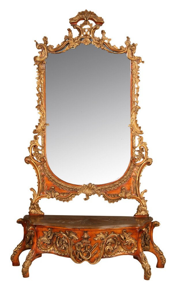 Chinese Chippendale-style mirror and console: Chinese Chippendale-style carved and parcel gilt mahogany pier mirror with console 89"h x 59"w x 19"d.