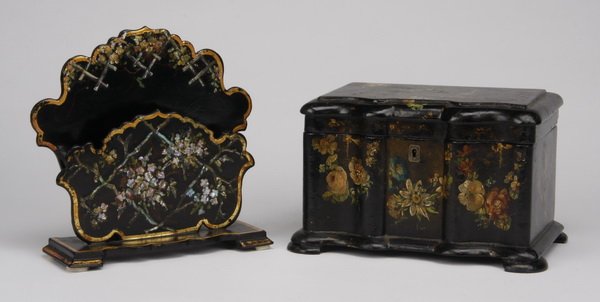(2) Hand decorated Victorian desk accessories: Pair of Victorian hand decorated ebonized wood desk accessories, includes: (1) serpentine letter holder with inlaid mother-of-pearl floriate designs, 8"h x 8"w x 3"d, and (1) shaped rectangular box wi