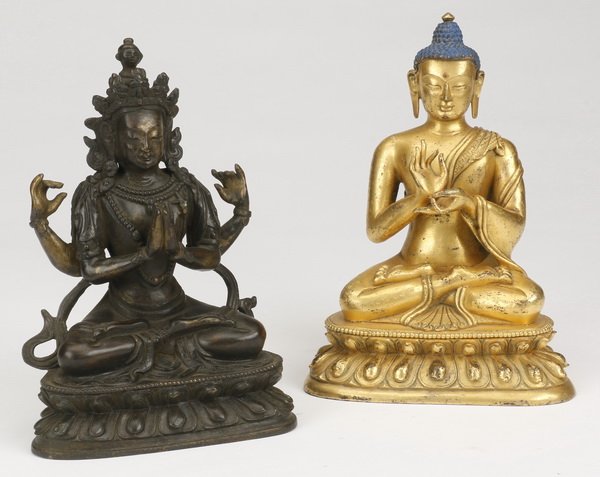 (2) Early 20th c. Sino-Tibetan bronze figures: Two early 20th century Sino-Tibetan bronze Buddhist figures, both seated on a double-lotus base, including (1) gilt Buddha, with hands in dharma chakra mudra 6"h x 4.5"w x 2.5"d, (1) Sadaksari in the 