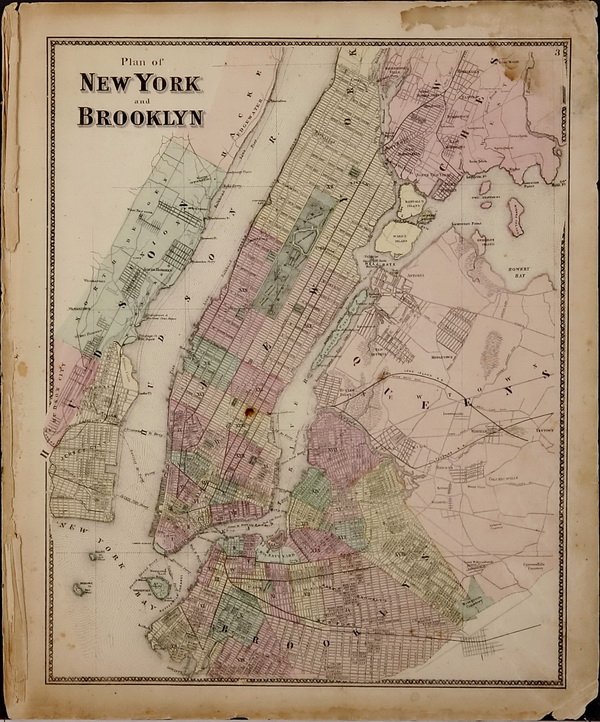 (4) Mid 19th c. hand colored maps of New York: Grouping of four circa 1867 hand colored maps and one black and white advertisement from the "Atlas of New York and Vicinity" by Beers, Ellis & Soule, the drawings based on land surveys performed unde