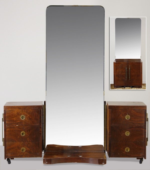 Early 20th c. French Art Deco vanity: Early to mid 20th century French Art Deco burled mahogany veneered vanity, the 2 vertical stepped handles opening to reveal 6 drawers flanking a full-length mirror, 68"h x 27.75"w x 19"d; 60"w when op
