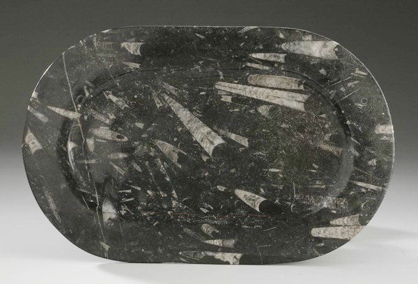 Oval fossil stone platter: Mid to late 20th century oval fossil stone platter, 18" long.