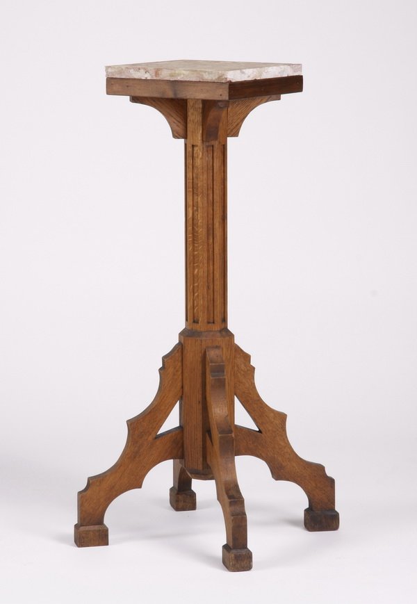 19th c. Continental oak marble top pedestal: Late 19th century Continental Gothic Revival oak marble top pedestal on a carved quatrefoil base, 42.5"h x 12.5"square top.